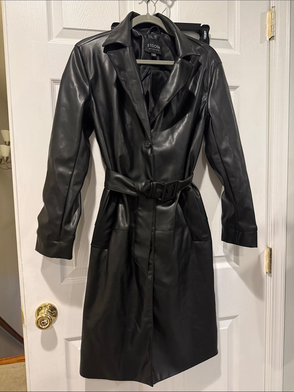 Stoosh Black Faux Leather Belted Trench Coat